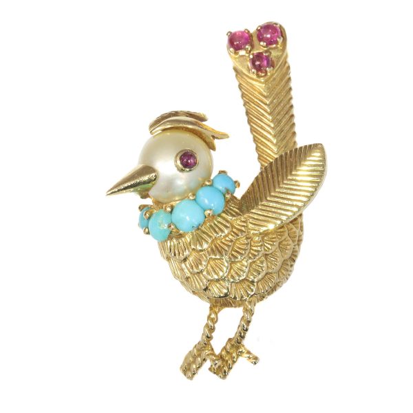 Vintage Fifties Gold Ruby Turquoise and Pearl Set Bird Brooch