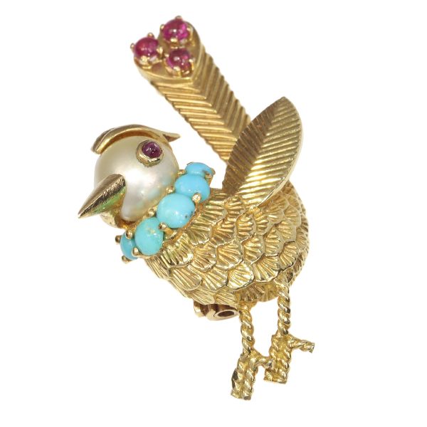 Vintage Fifties Gold Ruby Turquoise and Pearl Set Bird Brooch