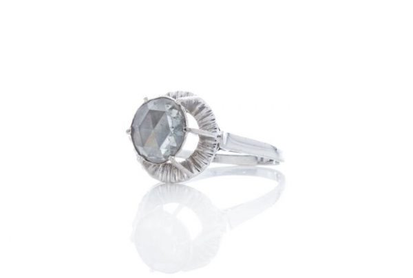 Antique Georgian Rose Cut Diamond set in Vintage 18ct White Gold Ring; 2.00 carat rose cut diamond set into a later 18ct white gold shank with pierced scrolled under-gallery. Diamond Circa 1790. Ring setting Circa 1980