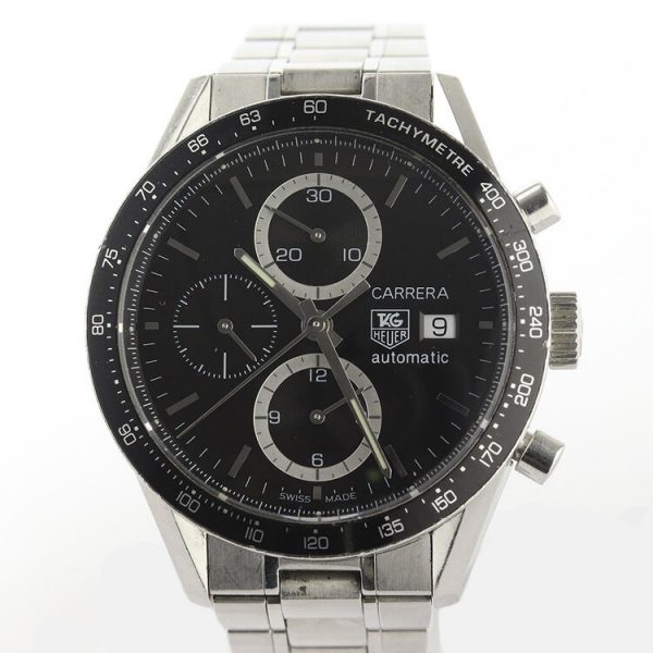 Tag Heuer Carrera CV2010 Stainless Steel 41mm Automatic Chronograph Watch; black dial and sapphire crystal, movement calibre 16 is visible through the display back, on a stainless steel bracelet