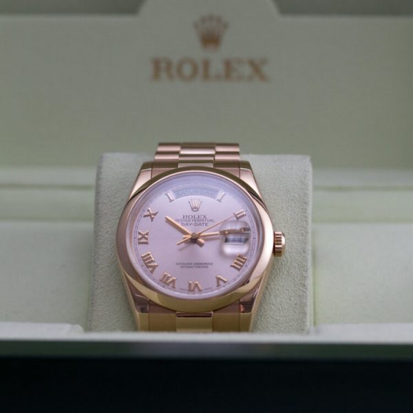 Rolex Day Date 18ct Pink Gold 118205 Automatic Watch, 36mm case with pink dial, on a matching 18ct pink gold Rolex President bracelet, with Rolex box