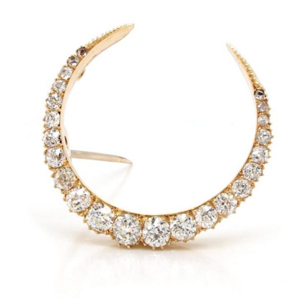 Antique Old Cut Diamond Half Moon Crescent Brooch, 1.90 carat total, mounted in gold, Early 20th Century
