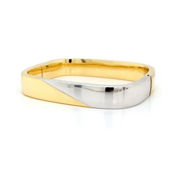 Vintage 18ct Yellow and White Gold Chunky Hinged Bangle; distinctive two colour 18ct yellow and white gold hinged bangle with tongue fastening