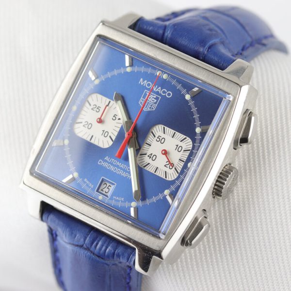 Vintage Tag Heuer Monaco Re Edition Automatic Chronograph with Blue Dial; Steve McQueen, 38mm stainless steel case with blue dial and acrylic crystal, on a blue leather strap with Tag Heuer deployment buckle, Circa 1990s