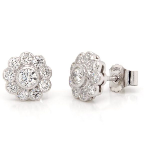 Diamond Flower Cluster Stud Earrings in 18ct White Gold; featuring 0.58 carats round brilliant-cut diamonds, collet set and mounted in a handmade 18ct white gold setting with millegrain edging