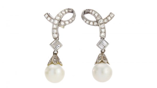 Vintage Saltwater Pearl and Diamond Drop Earrings; 1.00 carat total, in 14ct white gold, Circa 1950s-1970s