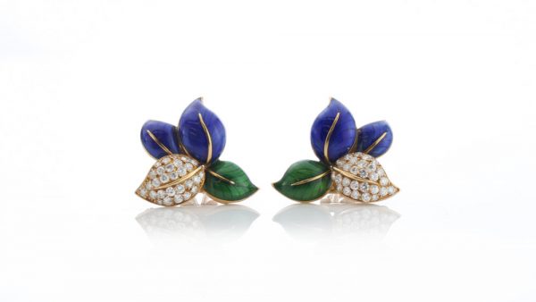 Faraone Blue and Green Enamel, Diamond and 18ct Yellow Gold Ring and Earring Suite; designed as stylised leaves decorated with blue and green enamel, accented with 2.52cts brilliant cut diamonds. Comes in original box