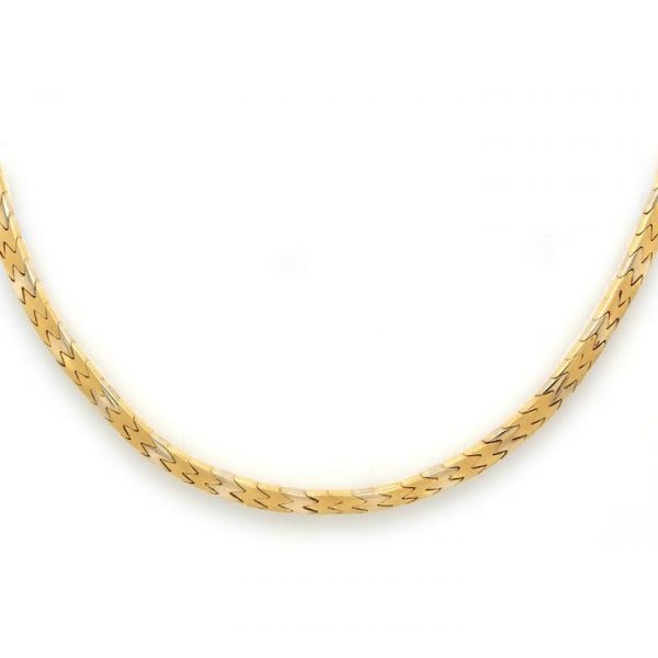 Bi Colour 18ct Gold Curb Link Necklace; 18ct yellow and white gold curb link necklace with fold over safety clasp. Measuring 44cm in length