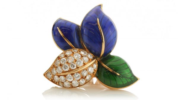 Faraone Blue and Green Enamel and Diamond set Stylised Leaf Ring and Earring Suite, in 18ct Yellow Gold, with original box