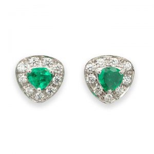 Trilliant Cut Emerald and Diamond Cluster Earrings; featuring trilliant shaped faceted emerald within surround of 1.00ct brilliant cut diamonds, in 18ct white gold