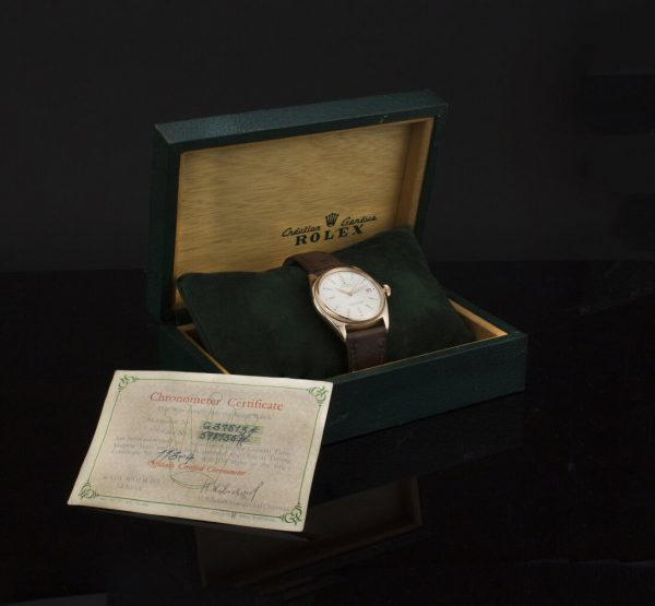Rolex Oyster Perpetual 4467 18ct Rose Gold Bubble Back Automatic Chronometer; 36mm, white dial, with box and papers, Circa 1947