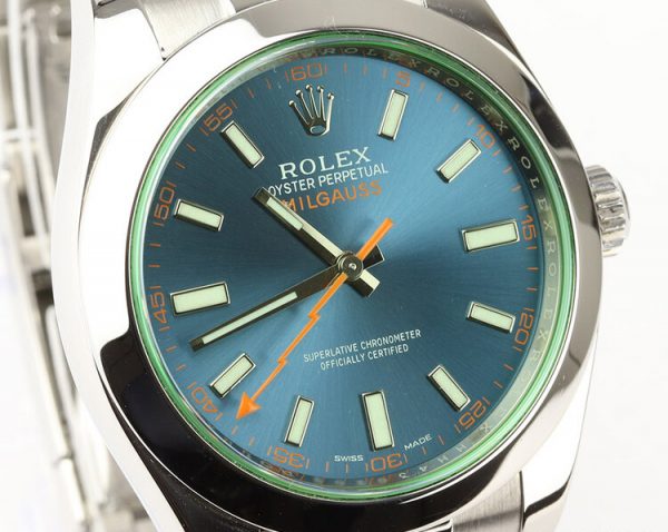 Rolex Milgauss Blue Dial 40mm Stainless Steel Automatic Wristwatch; blue dial with green crystal, on stainless steel Oyster bracelet, Circa 2014, Rolex box and papers