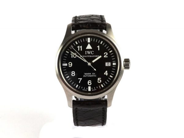 IWC Pilot Mark XV 38mm Stainless Steel Automatic Watch with Papers; model number 3253-01 from 2001, black dial, on IWC black leather strap with deployment buckle. With IWC Guarantee card.