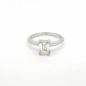 Emerald Cut Diamond Solitaire Single Stone Engagement Ring; featuring a 1.03 carat emerald-cut diamond mounted in platinum