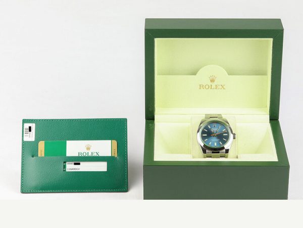 Rolex Milgauss Blue Dial 40mm Stainless Steel Automatic Wristwatch, on stainless steel Oyster bracelet, with Rolex box and papers, Circa 2014