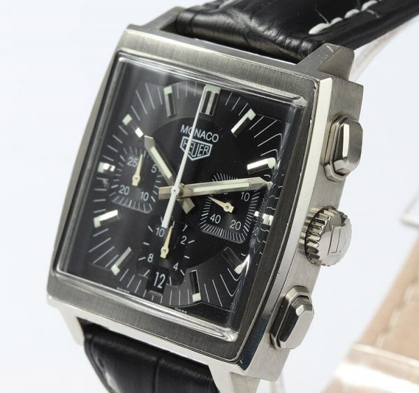 Vintage Tag Heuer Monaco CS2111 First Re Edition 38mm Stainless Steel Automatic Chronograph Watch with black dial, on an off-brand black leather strap with TAG Heuer push button clasp, Circa 1990s