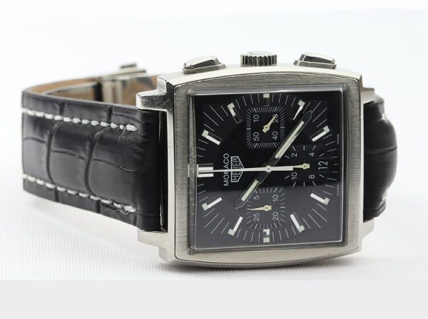 Vintage Tag Heuer Monaco CS2111 First Re Edition 38mm Stainless Steel Automatic Chronograph Watch with black dial, on an off-brand black leather strap with TAG Heuer push button clasp, Circa 1990s