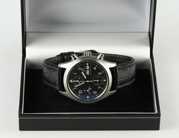 IWC Flieger Chronograph Pilot Watch; 39mm stainless steel case, black dial, day date. automatic movement, on IWC black leather strap with steel pin buckle