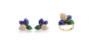 Faraone Blue and Green Enamel, Diamond and 18ct Yellow Gold Ring and Earring Suite; designed as stylised leaves decorated with blue and green enamel, accented with 2.52cts brilliant cut diamonds. Comes in original box