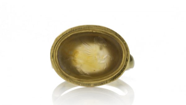 Ancient Roman Agate Intaglio of Pegasus in Vintage 18ct Yellow Gold Ring; Intaglio made in Circa 200 BC, shank added later Circa 1980s
