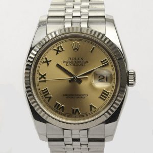Rolex Datejust 36mm Stainless Steel Automatic Watch with White Gold Bezel and Champagne Dial, ref 116234, on a stainless steel Jubilee bracelet with Crown clasp, Circa 2008-09