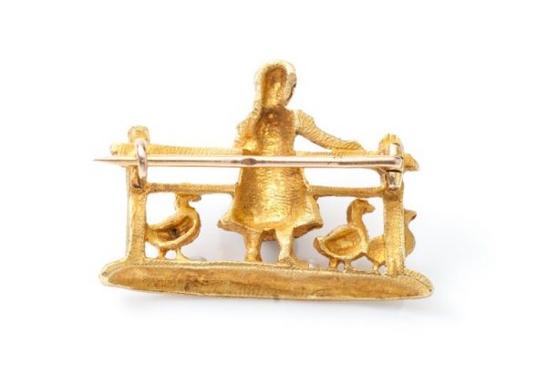 Antique French 18ct Yellow Gold Brooch with Pearls; in the shape of a farmer lady and three chickens, and two pearls imitating chickens eggs, early 20th century