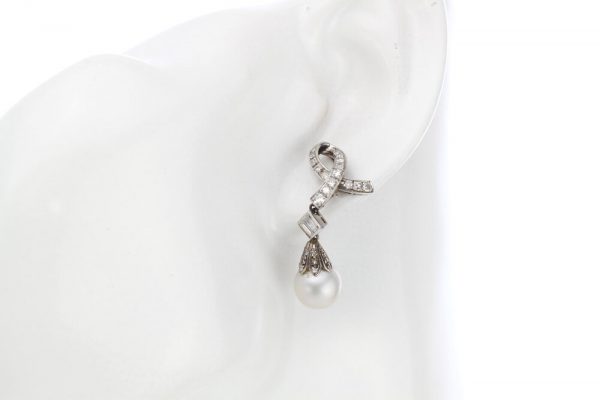 Vintage Saltwater Pearl and Diamond Drop Earrings; 1.00 carat total, in 14ct white gold, Circa 1950s-1970s