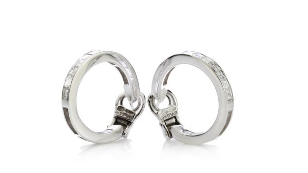 Bvlgari Princess Cut Diamond Hoop Earrings; channel set with square cut diamonds, 1.80 carat total, in 18ct white gold