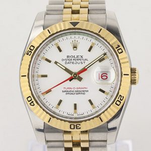 Rolex Datejust Turn-O-Graph 116263 Steel and Gold 36mm Automatic Watch; rotating bezel, white dial, date indicator and sapphire crystal, on a jubilee bracelet in steel and gold with Crown clasp, Circa 2005-06, with Rolex box and papers