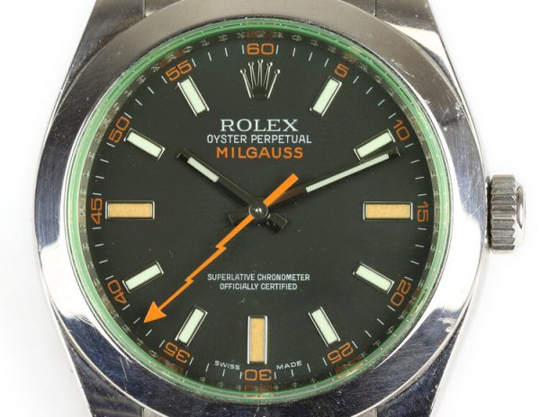 Rolex Milgauss Green Crystal 40mm Stainless Steel Automatic Watch; Ref. 116400GV, black dial with luminous baton hour markers and hands, orange seconds hand, green sapphire crystal, and screw-down crown. On a stainless steel Rolex Oyster bracelet strap with a single deployment clasp