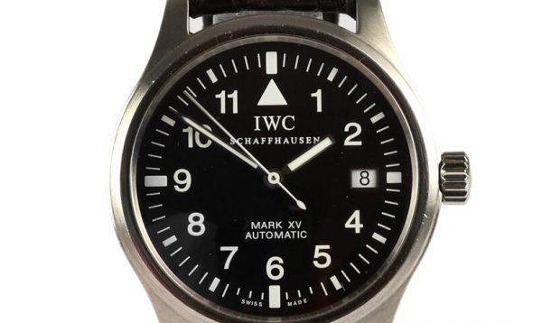 IWC Pilot Mark XV 38mm Stainless Steel Automatic Watch with Papers; model number 3253-01 from 2001, black dial, on IWC black leather strap with deployment buckle. With IWC Guarantee card.