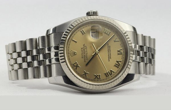 Rolex Datejust 36mm Stainless Steel Automatic Watch with White Gold Bezel and Champagne Dial, ref 116234, on a stainless steel Jubilee bracelet with Crown clasp, Circa 2008-09