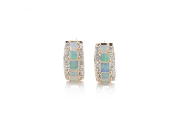 Vintage Opal and Diamond Half Hoop Earrings; 2.42cts graduated square-cut natural opals surrounded by 0.24cts round brilliant-cut diamonds, in 18ct yellow gold, Circa 1970s
