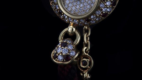 Vintage DaLaneau 18ct Yellow Gold 22mm Ladies Bracelet Watch with Diamonds and Rubies, Circa 1980s