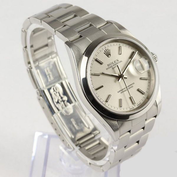 Rolex Oyster Perpetual Date 34mm Stainless Steel 15200 Automatic Watch with Silver Dial, on a stainless steel Oyster bracelet