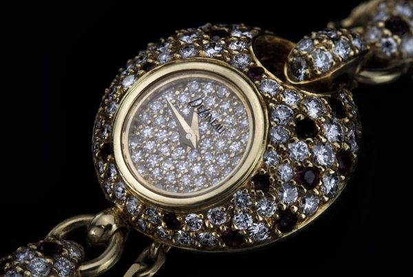 Vintage DaLaneau 18ct Yellow Gold 22mm Ladies Bracelet Watch with Diamonds and Rubies, Circa 1980s