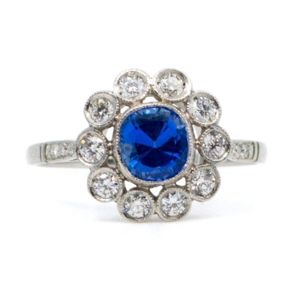 Art Deco Style Sapphire and Diamond Cluster Platinum Ring