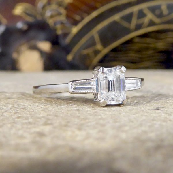 Art Deco Style Emerald Cut Diamond Ring with Baguette Cut Shoulders