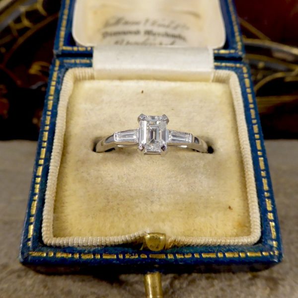 Art Deco Style Emerald Cut Diamond Ring with Baguette Cut Shoulders