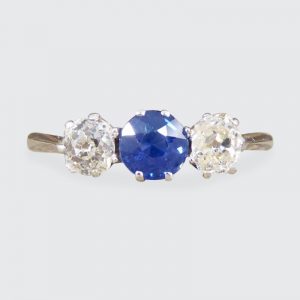 Edwardian Antique Sapphire and Old Cut Diamond Three Stone Ring