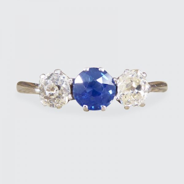 Edwardian Antique Sapphire and Old Cut Diamond Three Stone Ring