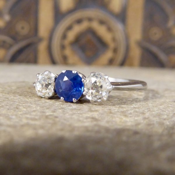 Edwardian Antique Sapphire and Old Cut Diamond Three Stone Ring