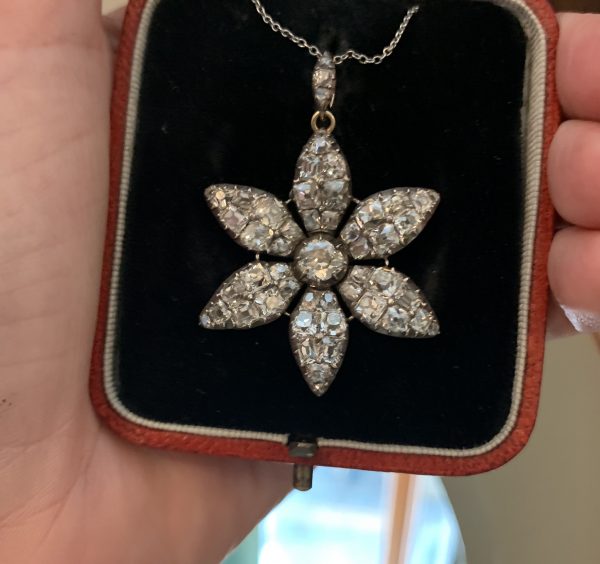 Georgian Jewellery Antique Diamond Flower Pendant, Six Petals