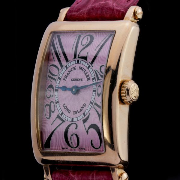 Franck Muller 900 QZ Long Island 18ct Rose Gold Watch, pink dial with Arabic hour markers, on a pink crocodile strap. Engraved Master of Complications, No 42