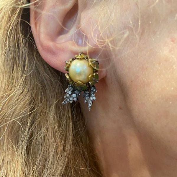 Yellow South Sea Pearl, Enamel and Diamond Flower Earrings