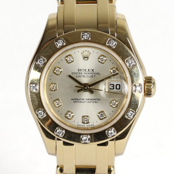 Rolex Lady Oyster Perpetual Datejust Pearl Master 18ct Yellow Gold 29mm Automatic Watch with Diamond Bezel, ref 80319, silvered dial with diamond set hour markers, factory set diamonds to the 18ct yellow gold bezel, 18ct yellow gold bracelet with a single deployment clasp