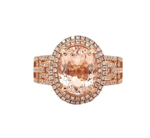 David Jerome 2.54ct Oval Morganite and Diamond Cluster Dress Ring in 18ct Rose Gold; central 2.54 carat oval faceted morganite accented with a double diamond surround and diamond set geometric pierced shoulders