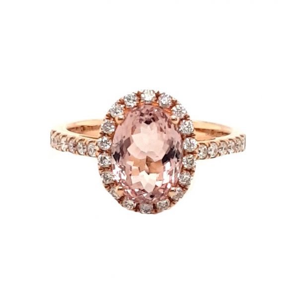 Morganite and Diamond Oval Cluster Ring; oval faceted 2.54 carat morganite surrounded by a diamond halo, diamond set shoulders, in 18ct rose gold