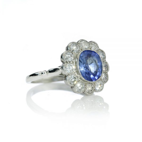 Vintage 2ct Natural Ceylon Sapphire and Diamond Floral Cluster Ring, Circa 1970s