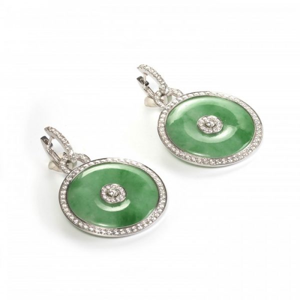 Jade and Diamond Cluster Drop Earrings, circular discs of polished green jade, with diamond centre and diamond surround, 4.50 carat total, in 18ct white gold